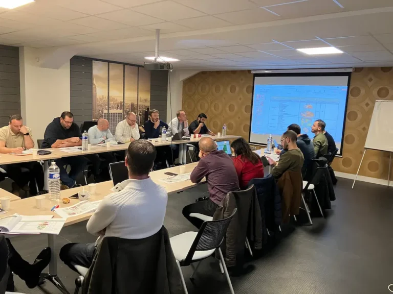 Business meeting with presentation in conference room